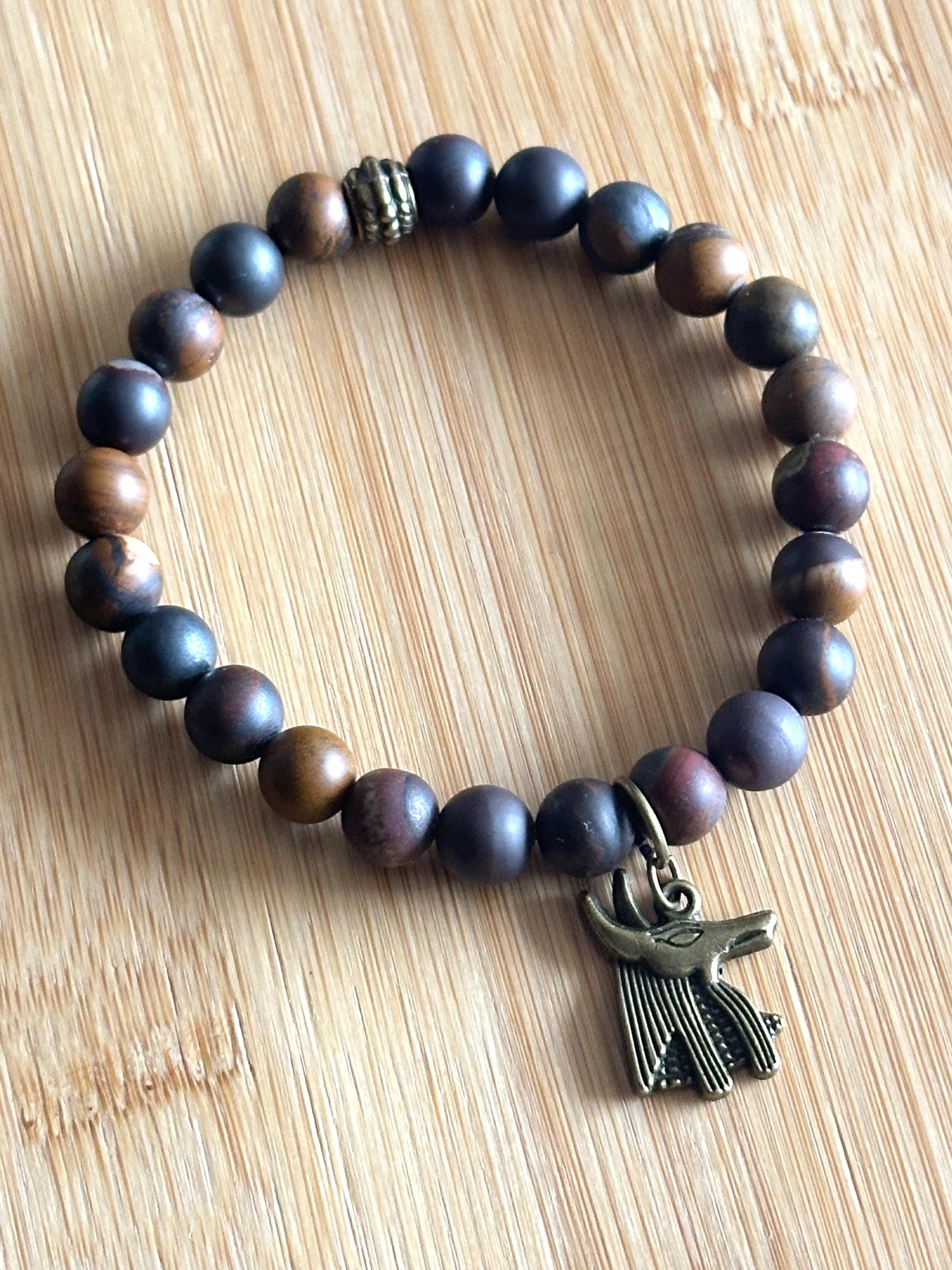 Matte Tiger Iron Anubis Charm Bracelet, 8mm Beaded Gemstone Elastic Bracelet, Approx. 7 Inches.