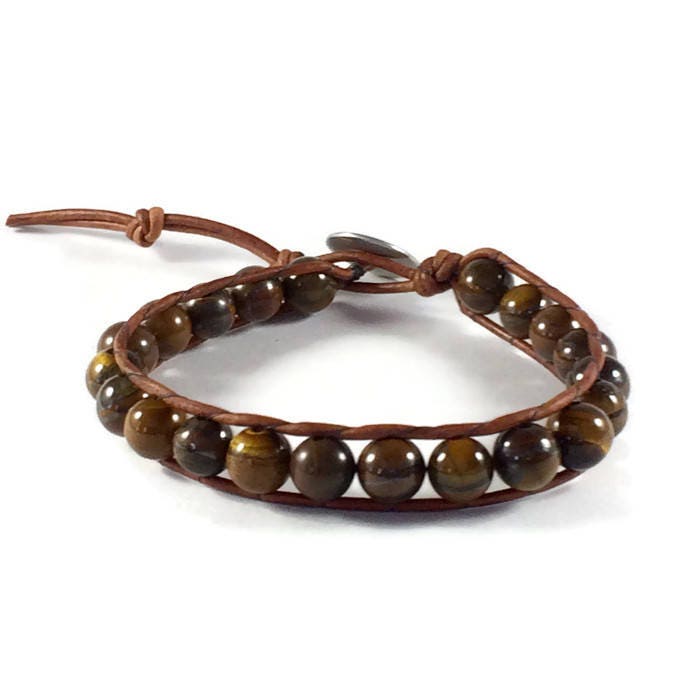 Mens Tiger Iron Beaded Leather Bracelet - Root Chakra
