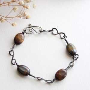 Tiger Iron Sterling Silver Chain Bracelet 8 Inches long