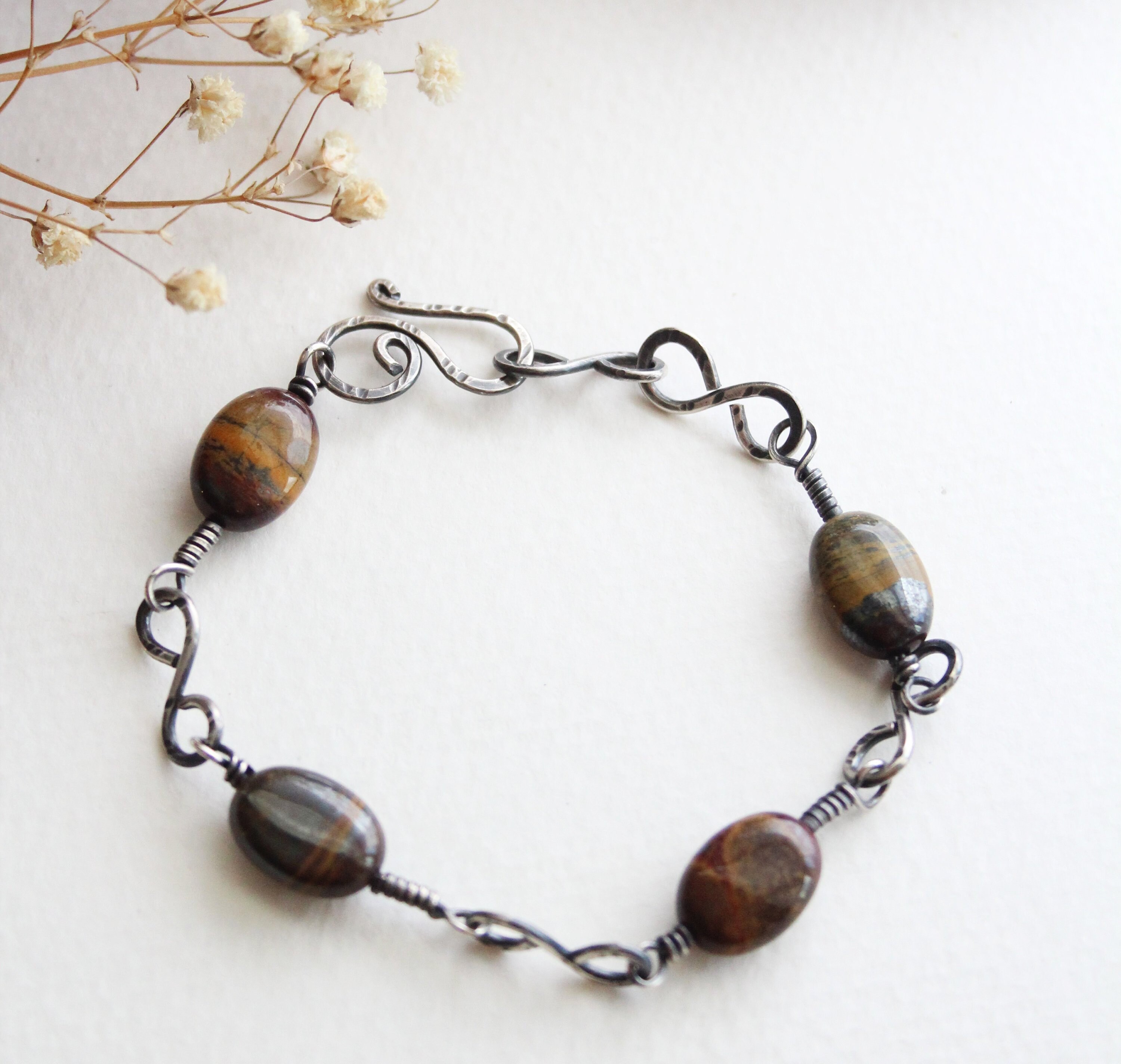 Tiger Iron Sterling Silver Chain Bracelet 8 Inches Long