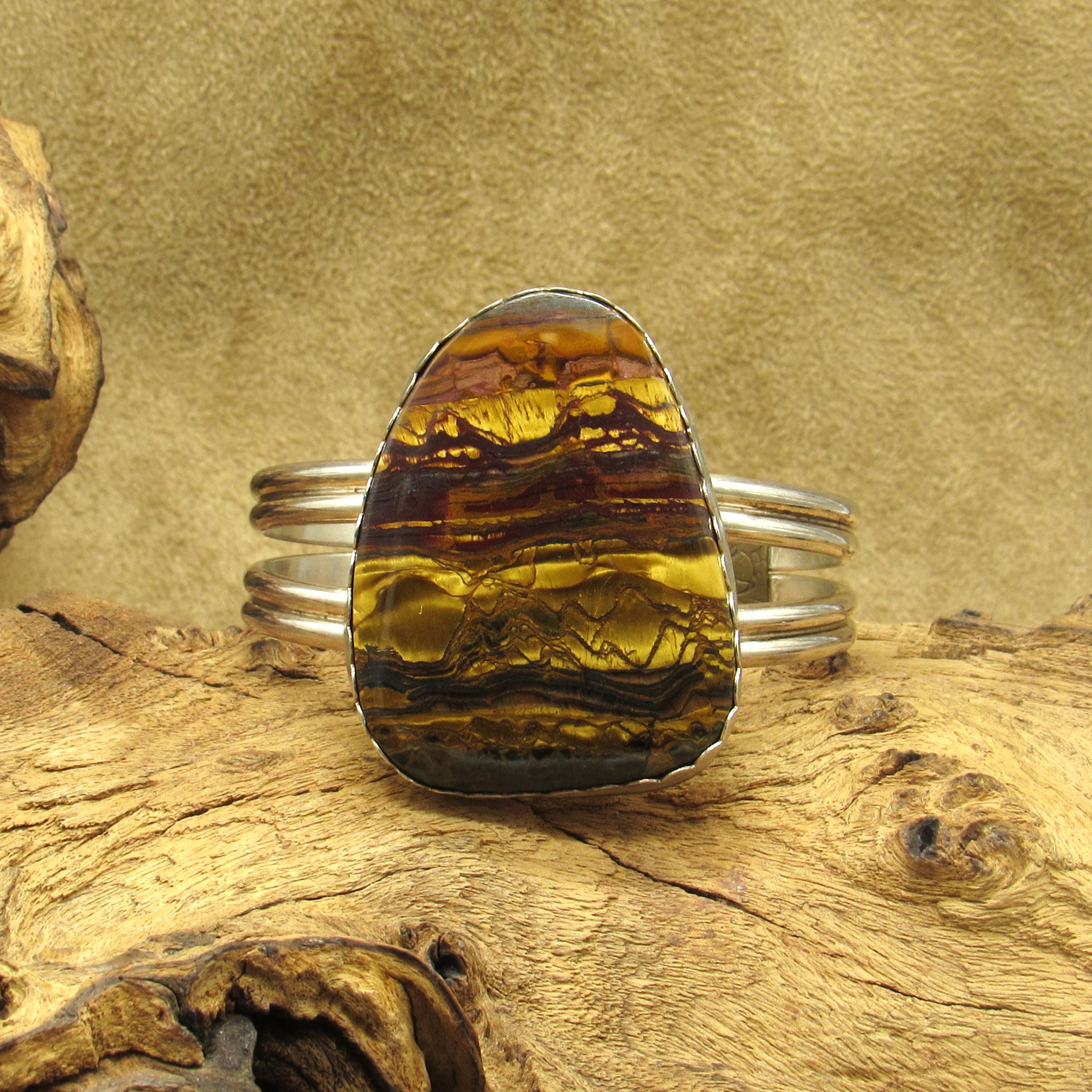 Sterling Silver Tiger Iron Statement Piece Cuff Bracelet
