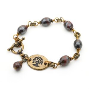 Tree bracelet, tiger iron semiprecious stone beads, brass and earth tones, fits 6 1/4 inch wrist, 7 1/2 inches long