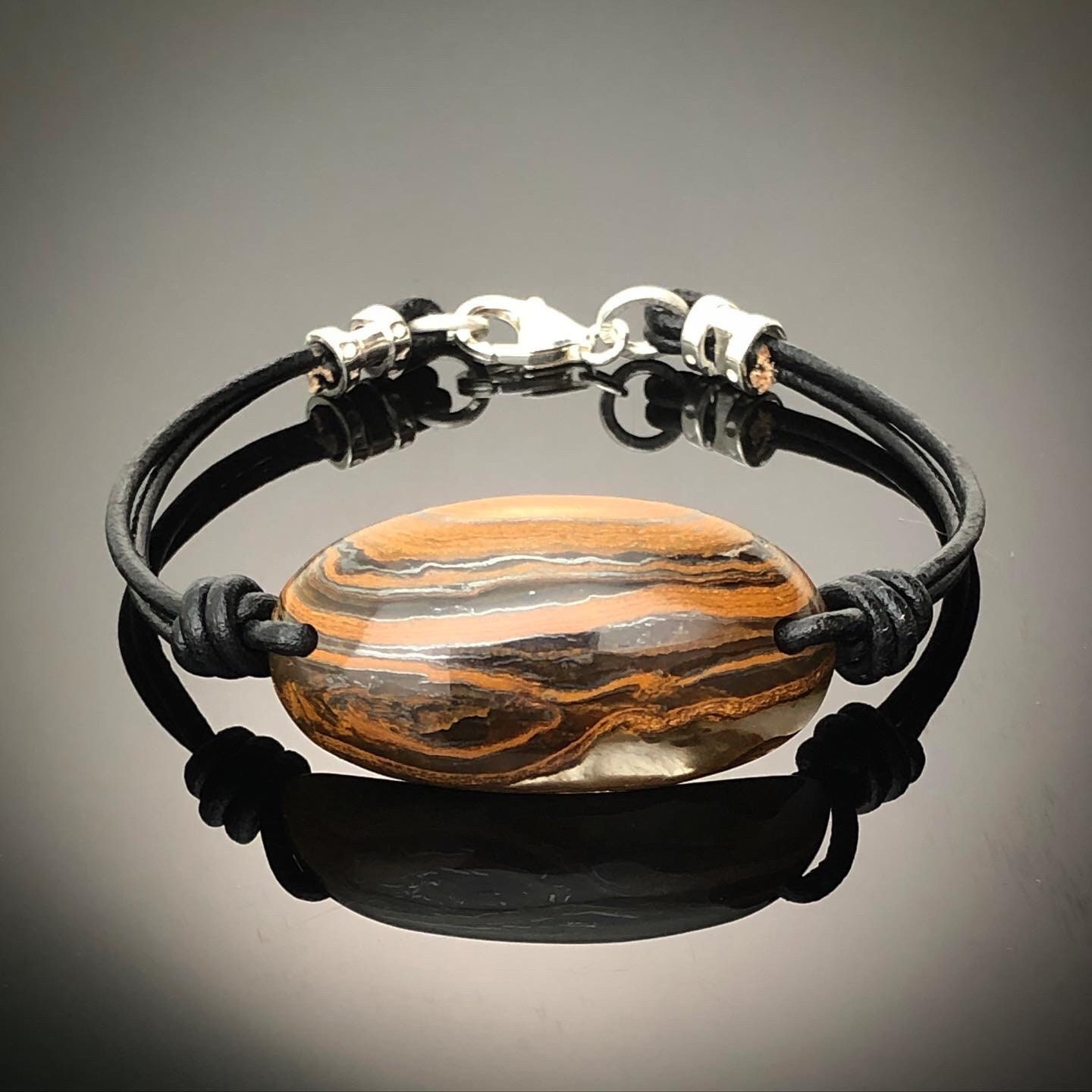 Women's Tiger Iron, Sterling Silver, Leather Cuff Bracelet, Black Tan Brown Gemstone, Rustic Boho Southwestern Bracelet - Grand Canyon