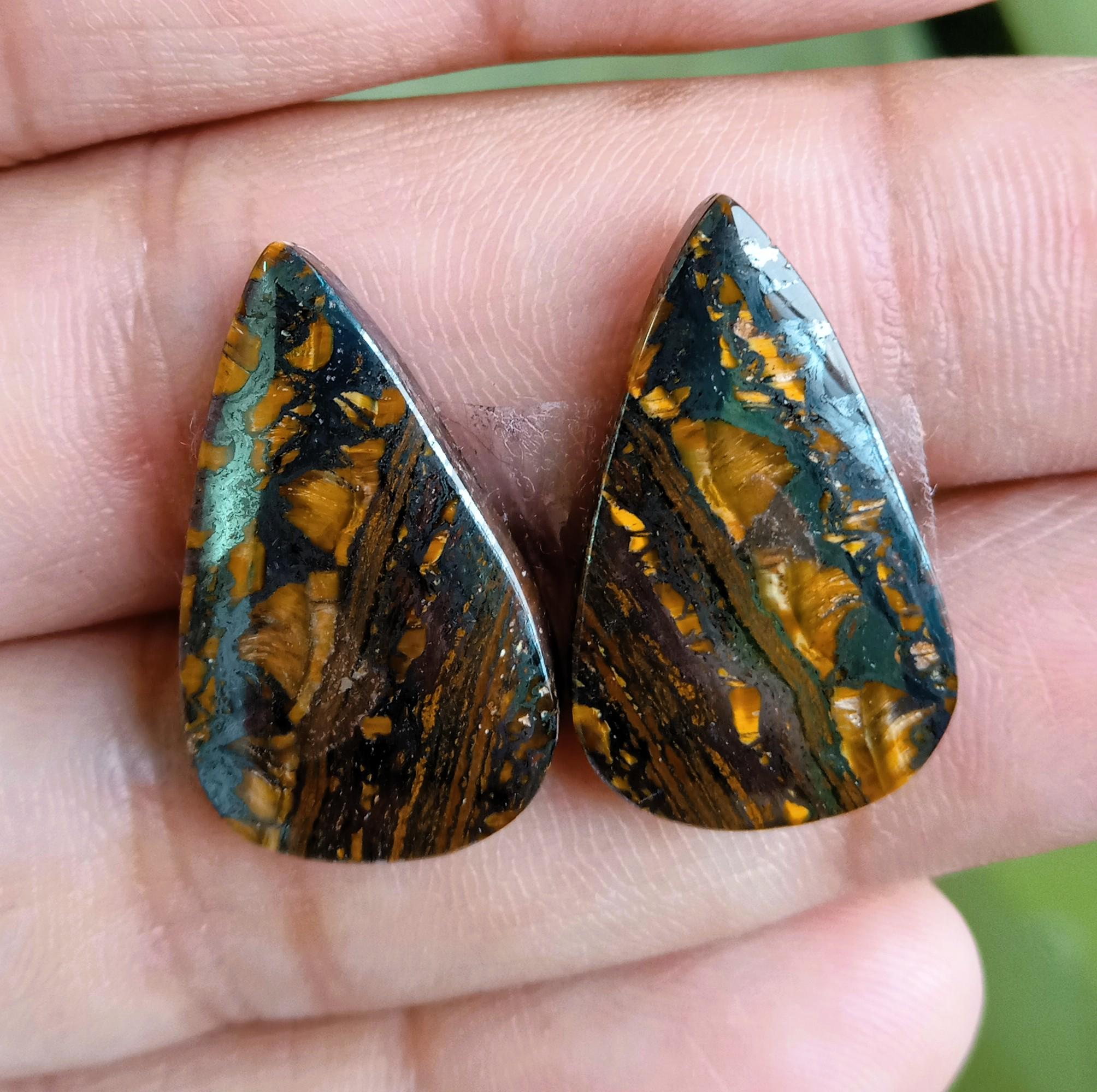 Matched Pear Iron Tiger's Eye Cabochons, 24x14mm Flat Back Gemstones
