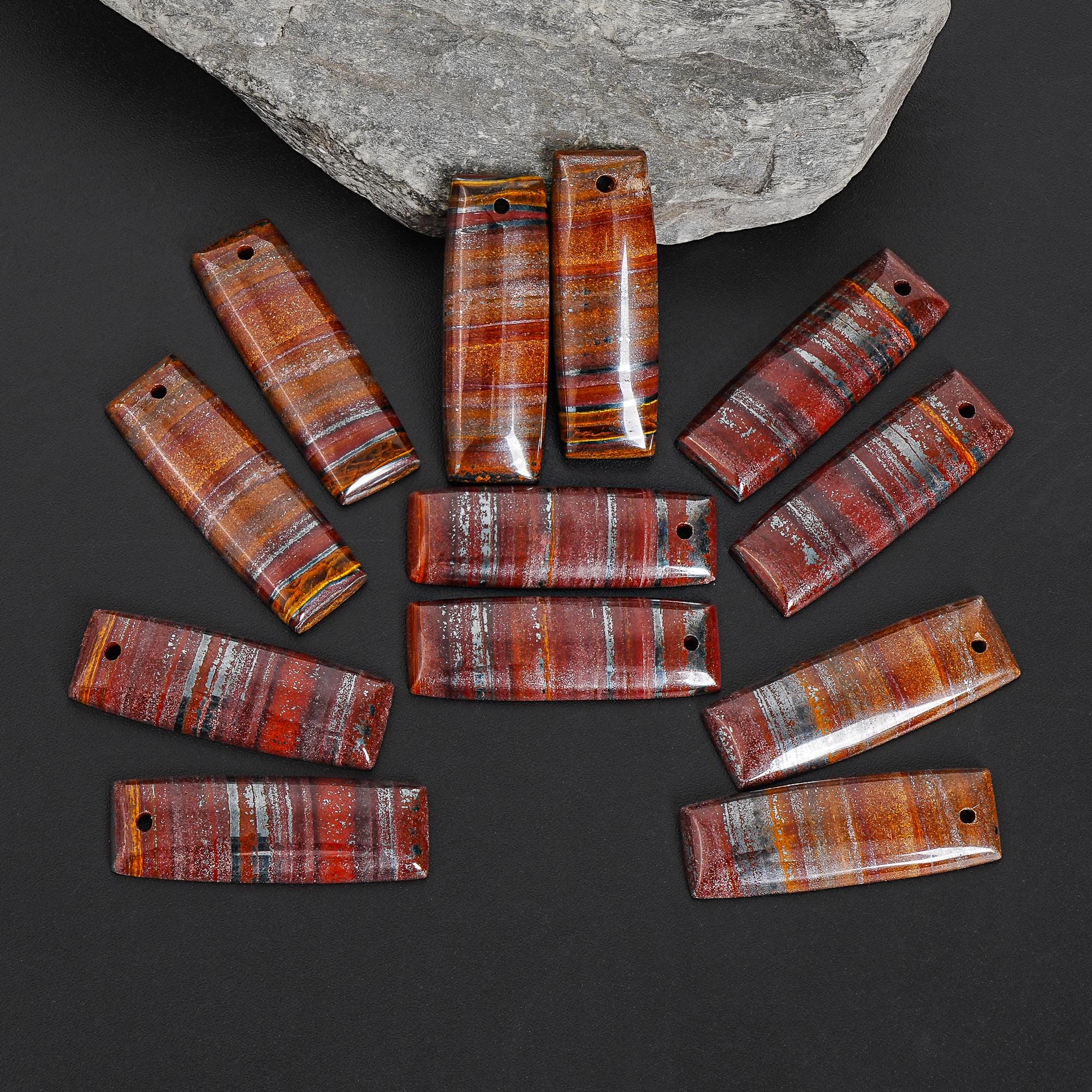 Aa Natural Red Brown Tiger Iron Earring Pair, 38x13x4mm Drilled Matching Gemstone Beads, One Of A Kind Jewelry Making Earrings