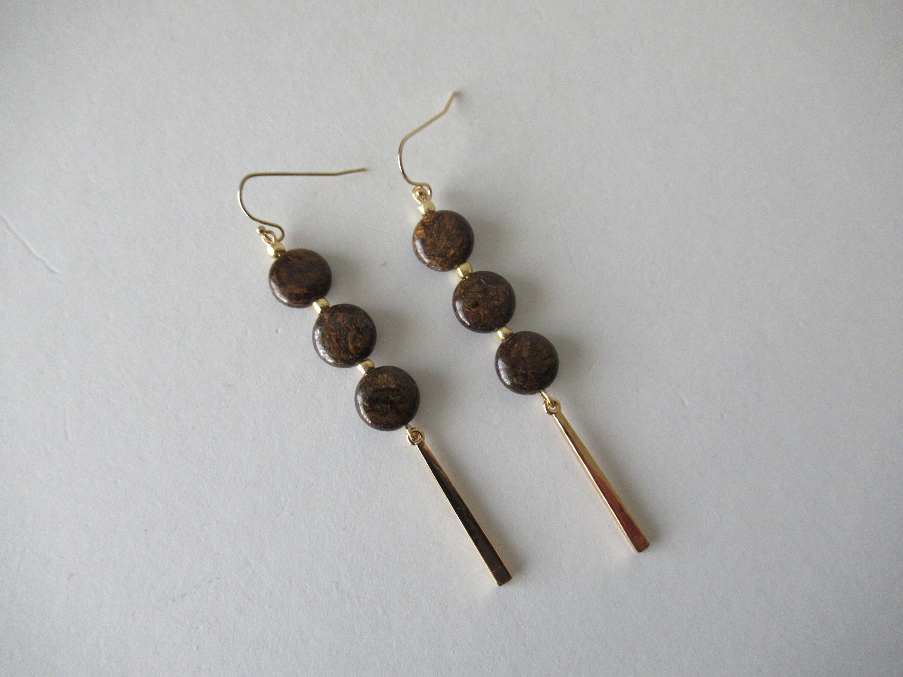 Brown Earrings. Long Brown Earrings.  Gold Earrings   Tiger Iron Earrings