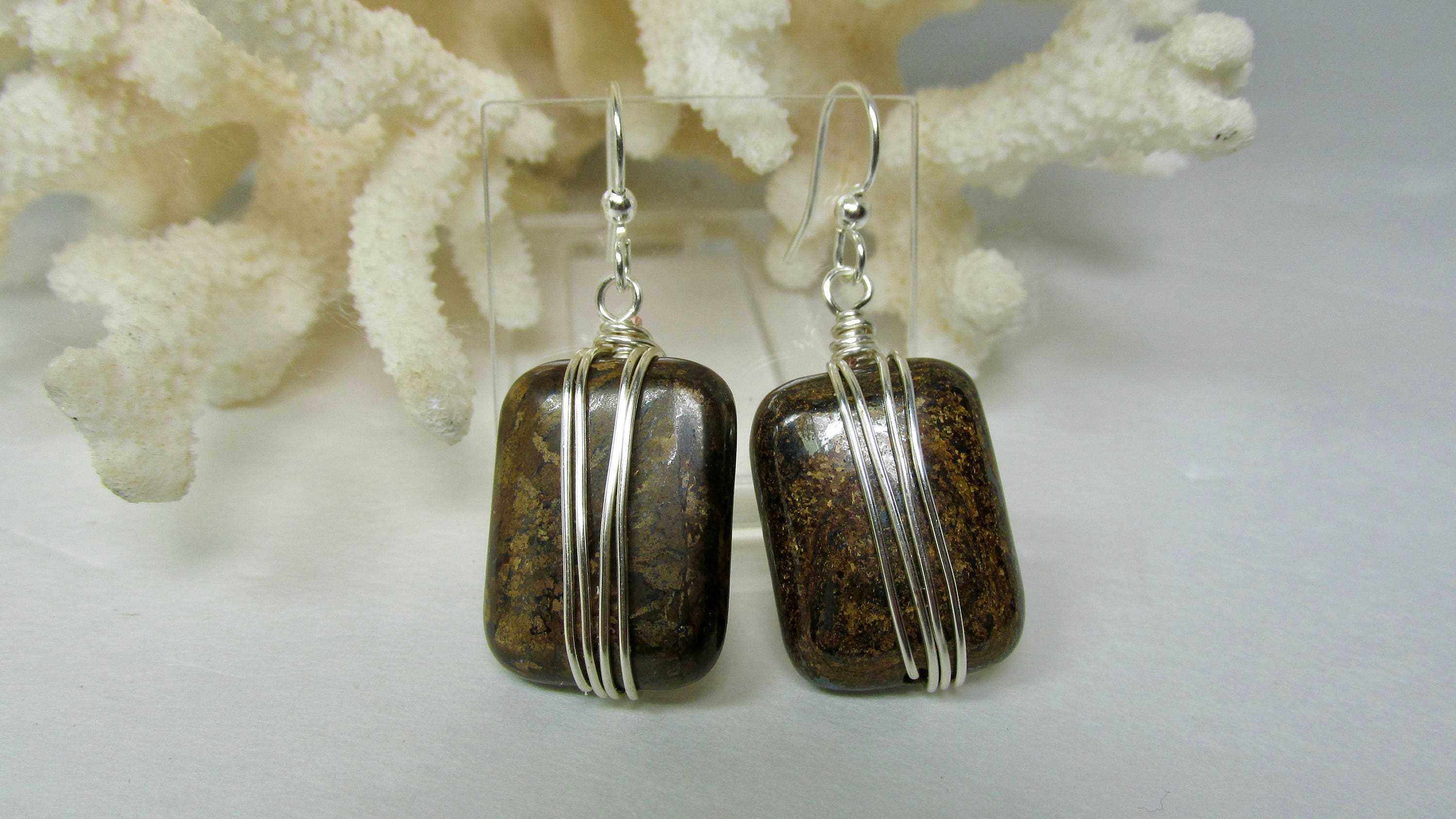 Tiger Iron Earring, Wire Wrapped Tiger Iron, Wire Wrapped Earring, Wrapped Stone, Brown Earring, Metallic, Gemstone, Tiger Eye, Silver, Gold