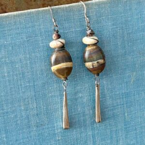 Tiger Iron Gemstone Dangle Earrings: Antiqued Sterling Silver