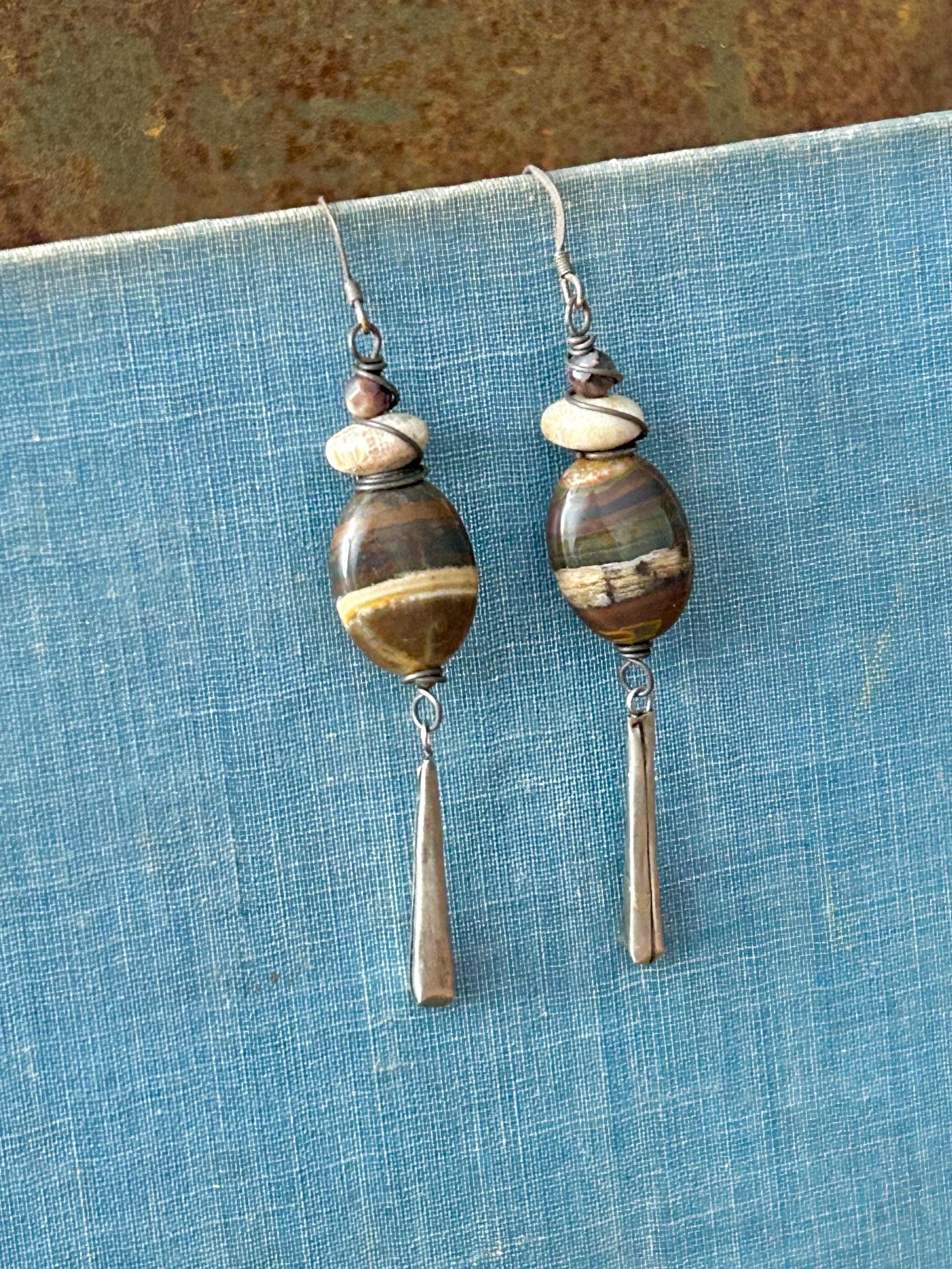 Tiger Iron Gemstone Dangle Earrings: Antiqued Sterling Silver