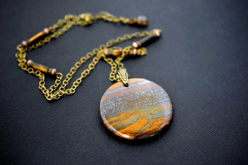 Jaspilite Tiger Iron Pendant Necklace: Antique Gold, Boho Gemstone Earrings Set