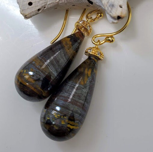 Tiger Iron Pear Shaped Drop Earrings, Adorned With Vermeil Ear Wires #933