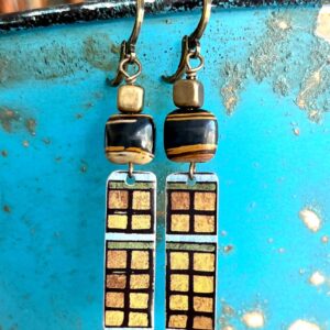 Upcycled tin earrings,Tiger Iron Jasper earrings, Tigers Eye earrings,funky recycled jewelry,geometric earrings,lightweight earrings