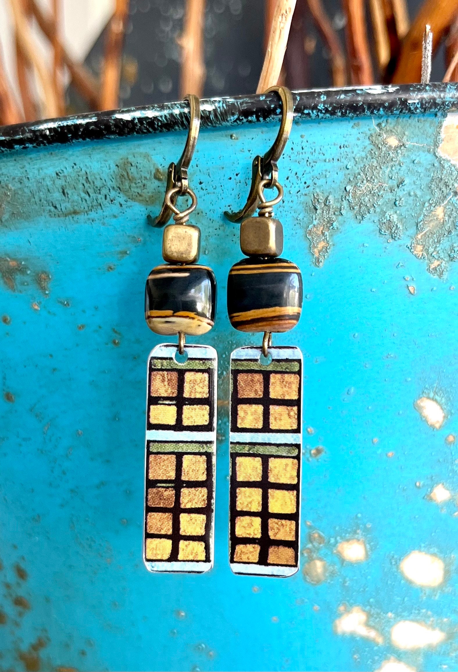 Upcycled Tin Earrings,tiger Iron Jasper Earrings, Tigers Eye Earrings,funky Recycled Jewelry,geometric Earrings,lightweight Earrings