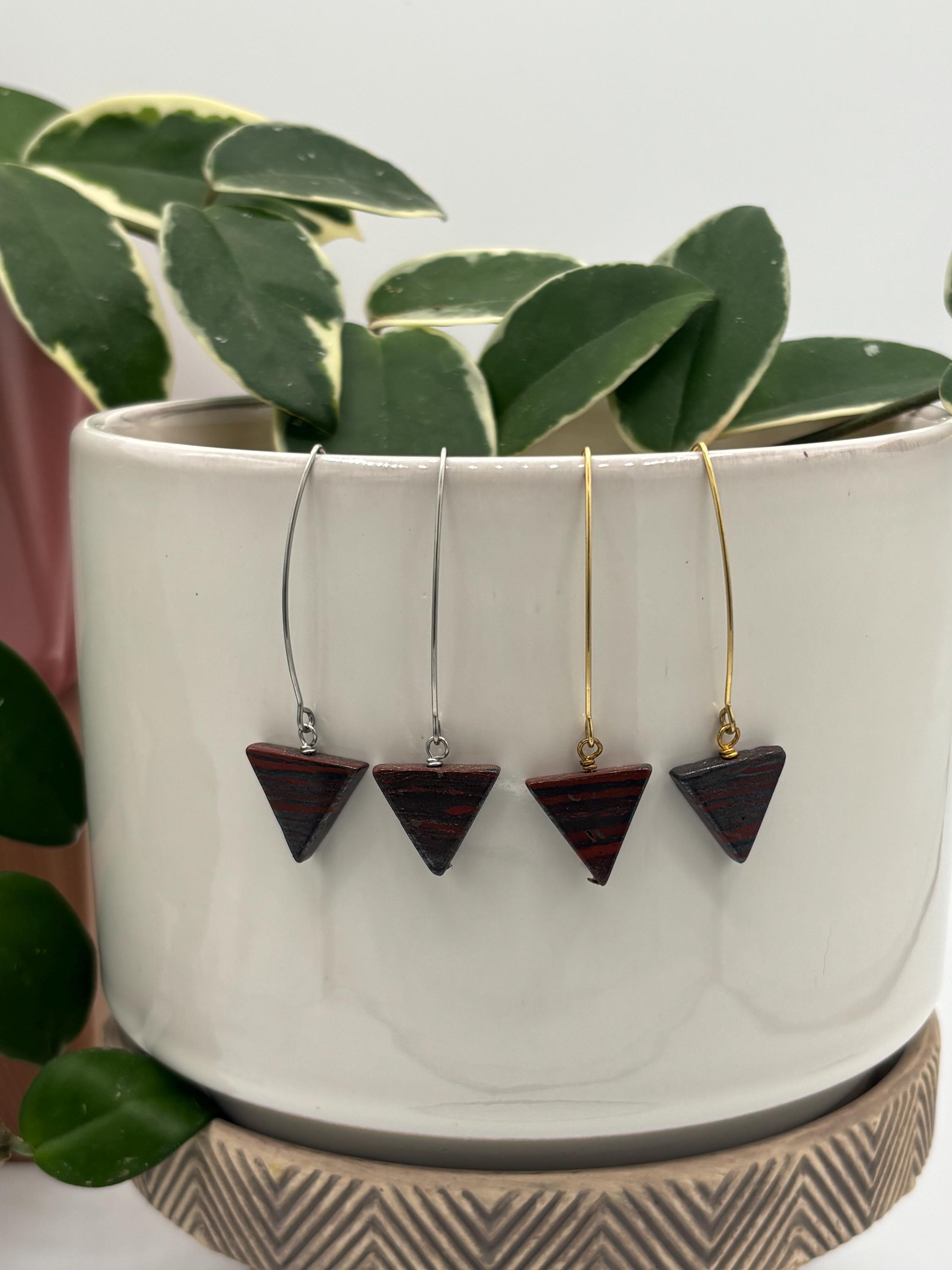 Tiger Iron V-shaped Dangle Earrings, Gemstone Dangle Earrings, Tiger Iron Triangle Earrings, Birthday Gift