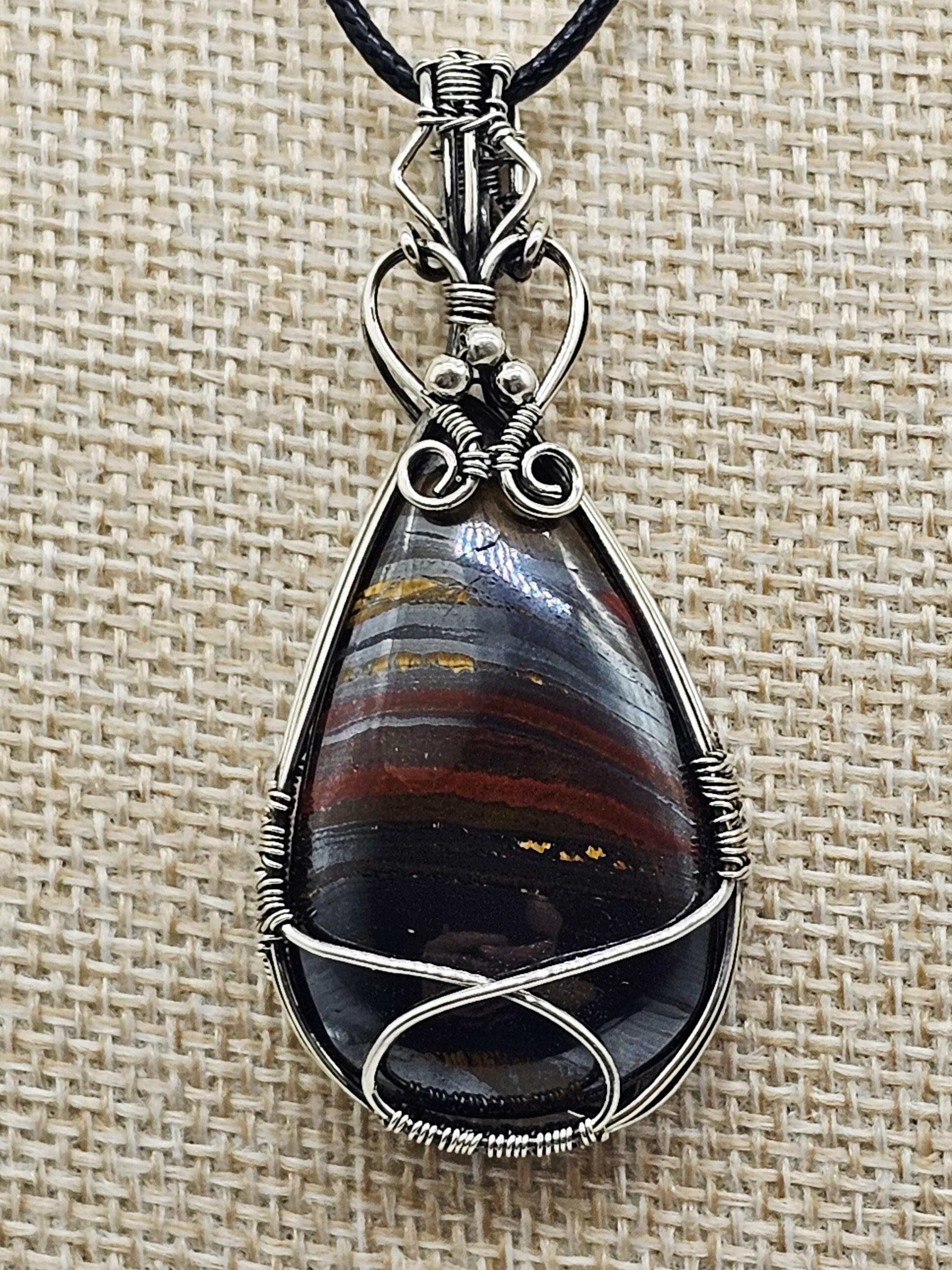Handmade Sterling Silver Tiger Iron Necklace Statement Pendant Tigers Eye Hematite & Red Jasper