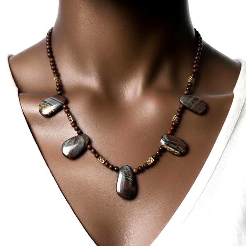 Reversible Tiger Iron Necklace: 18 Inches, Gold Vermeil Beads, Bohemian Jewelry