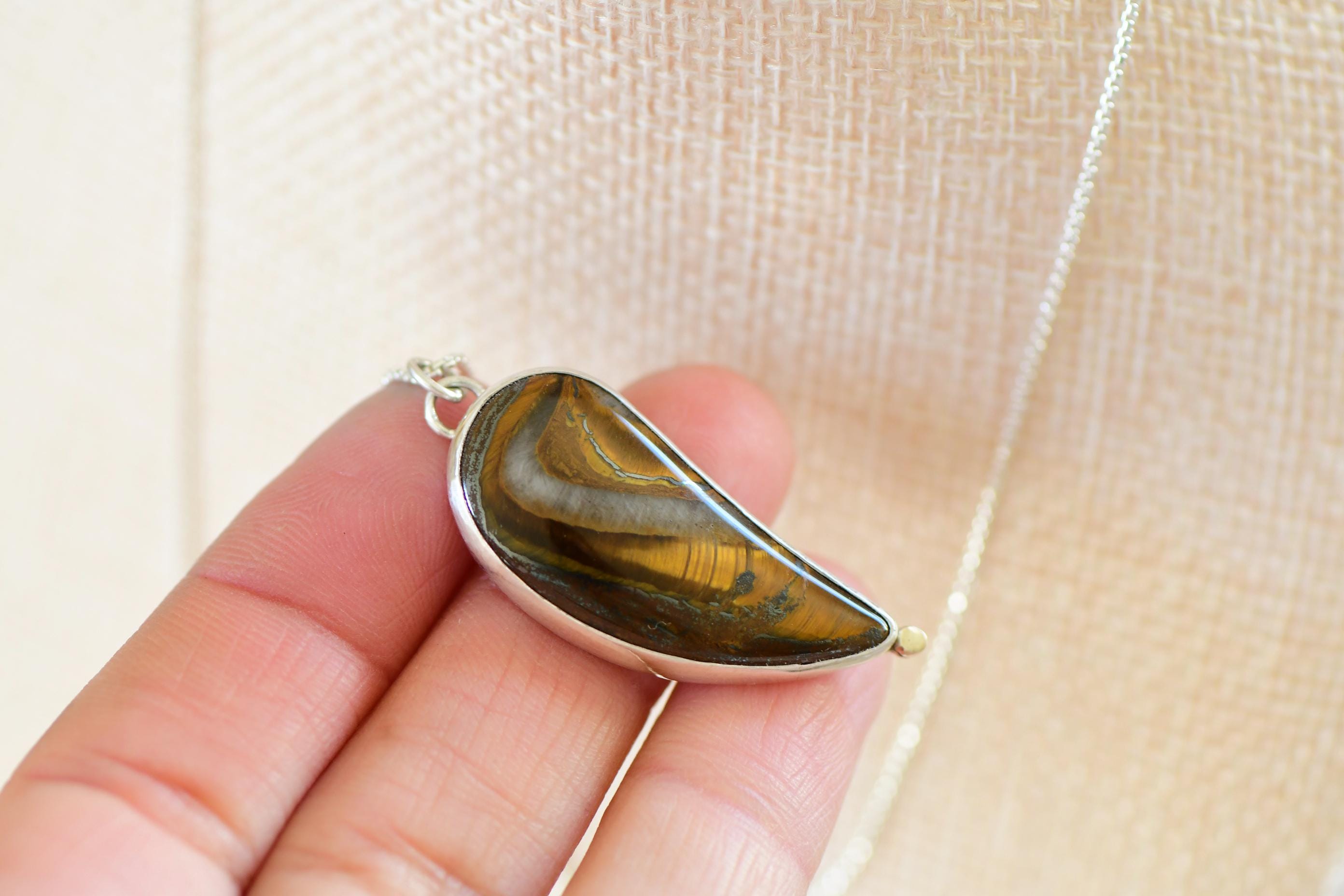 Tiger Iron Necklace, Sterling Silver Pendant, 14k Gold Accent