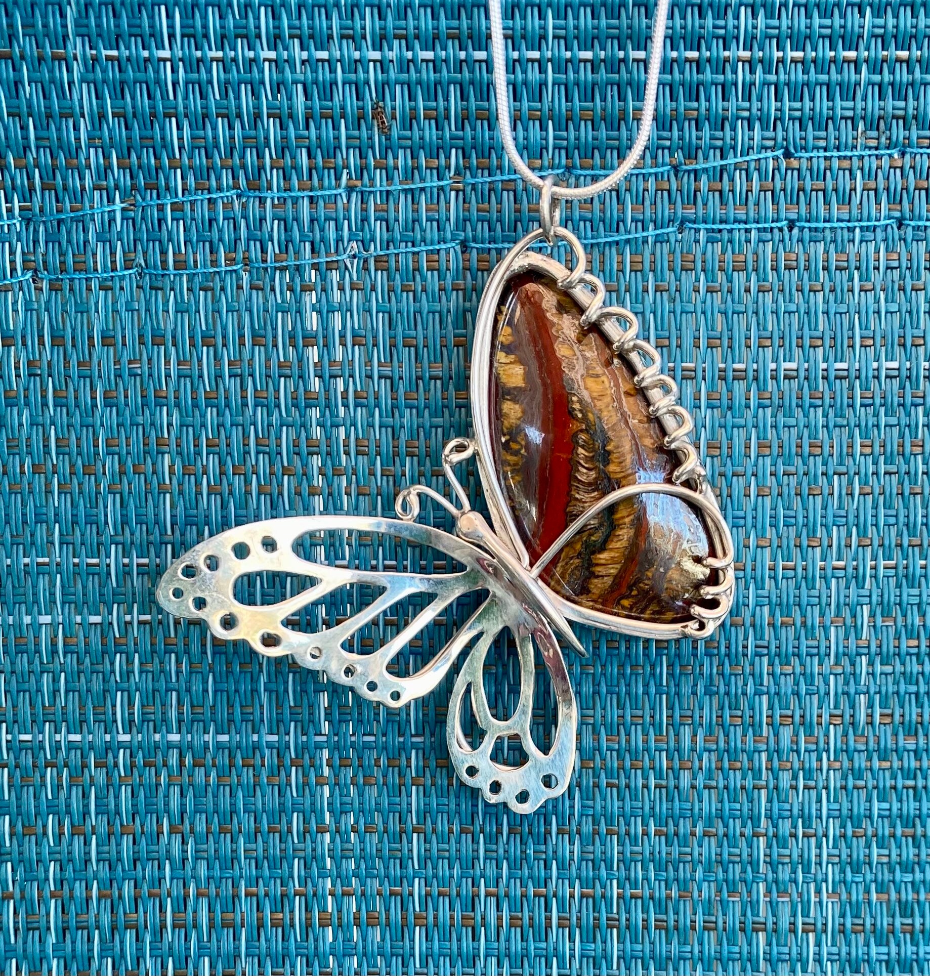 Sterling Silver Butterfly Necklace: Tiger Iron & Tiger Eye
