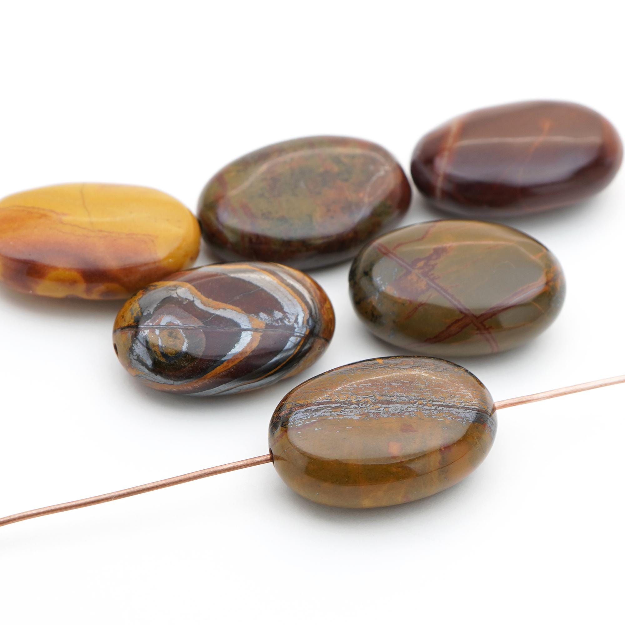 6 Pcs Oval Tiger Iron Beads, Brown Red Yellow Grey, Semiprecious Stone, Average Length 21mm 22mm