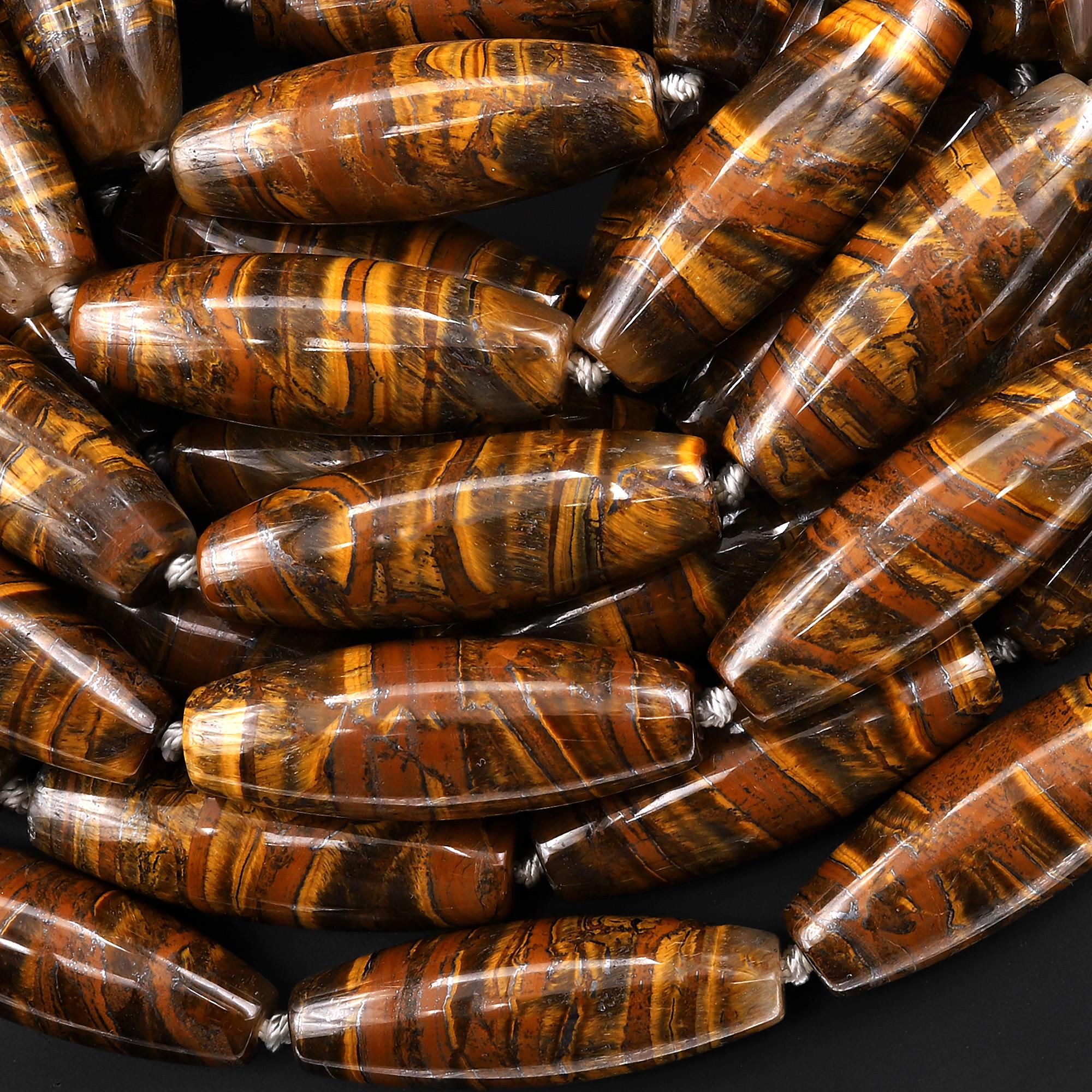 Aaa Large Natural Tiger Iron Long Cylinder Drum Tube Beads 15.5" Strand