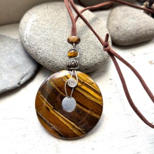 Extra large 50mm Tiger Iron Donut Pendant: long Sterling Silver Wire Wrapped Amulet necklace