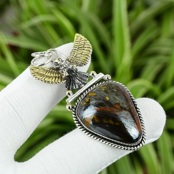 Iron Tiger Eye Sterling Silver Pendant: Handmade Eagle Jewelry