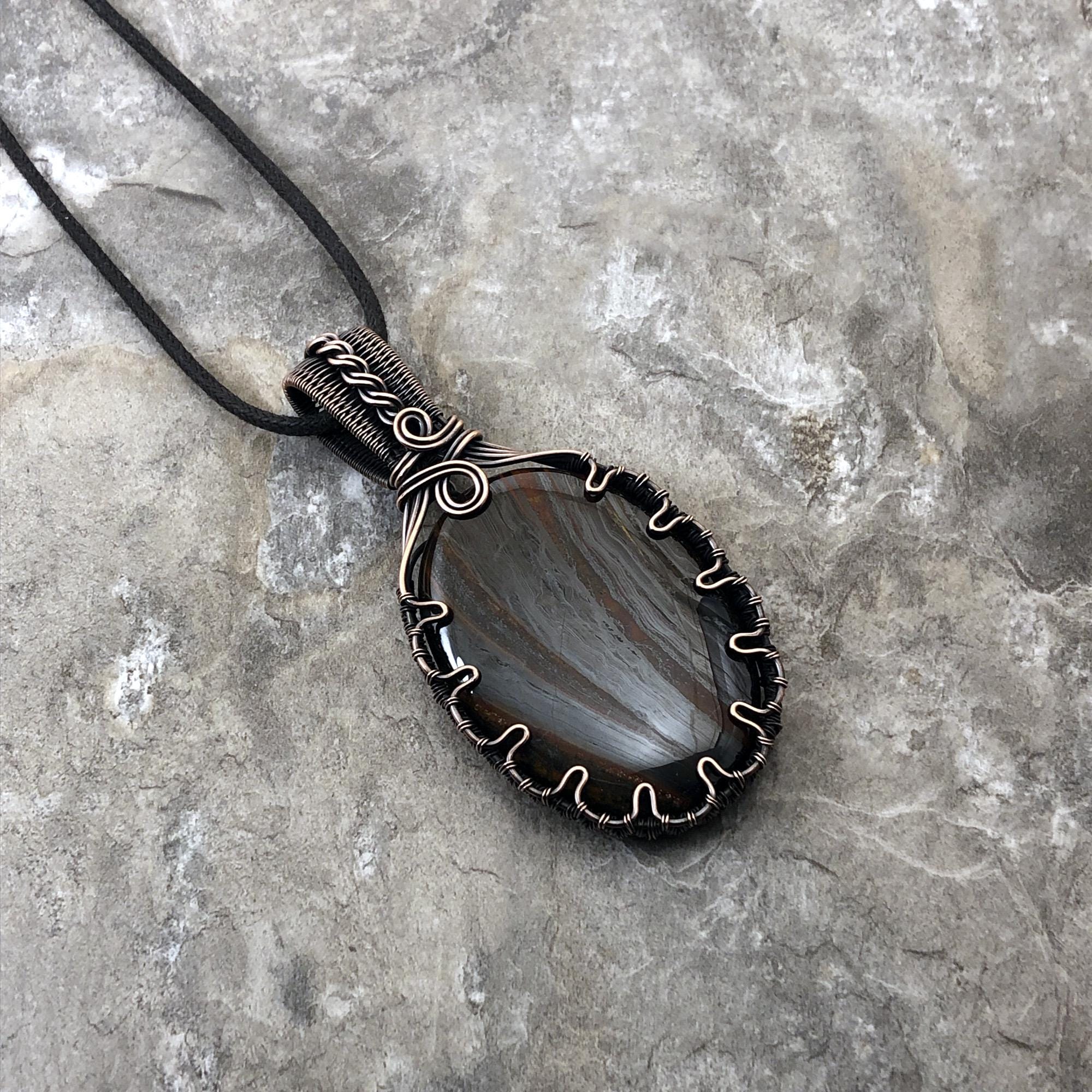 Handmade Tiger Iron Pendant: Copper Wire Wrapped Jewelry - Made In The Usa 0124