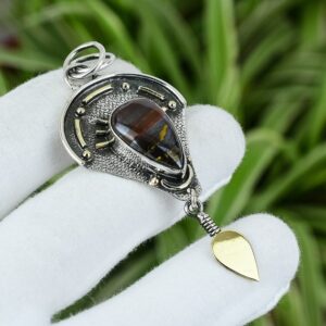 Handmade Pear Iron Tiger Eye Pendant: 925 Sterling Silver, 18k Gold Plated