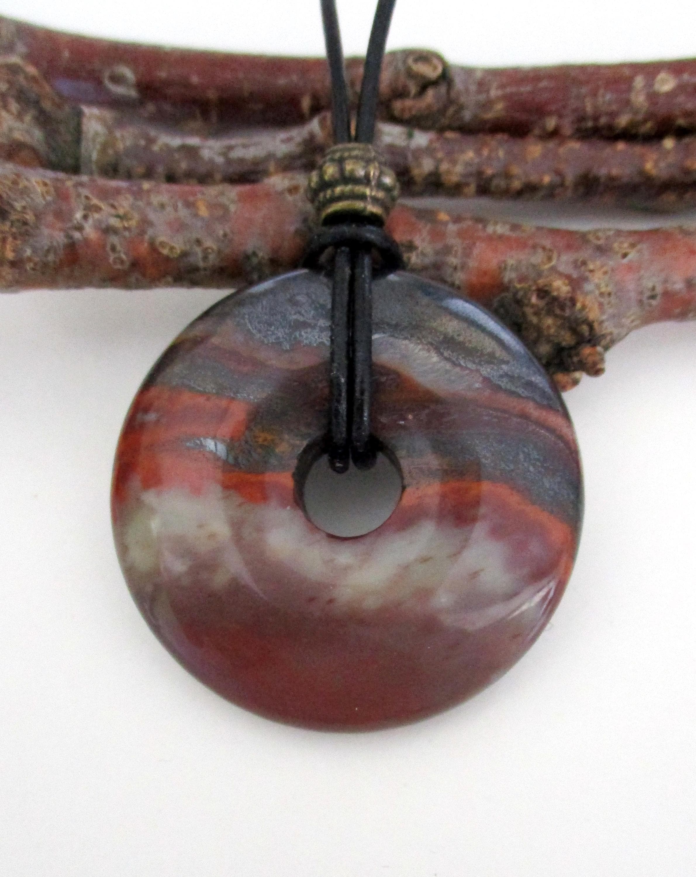 Scenic Tiger Iron Natural Stone Donut Energy Pendant Necklace 40mm.  Ed525