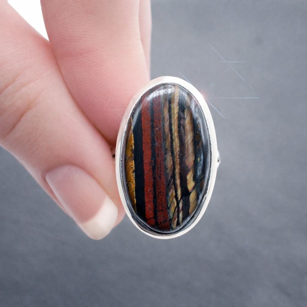 Abstract Nature - Beautiful Tiger Iron Sterling Silver Ring Size 7.5