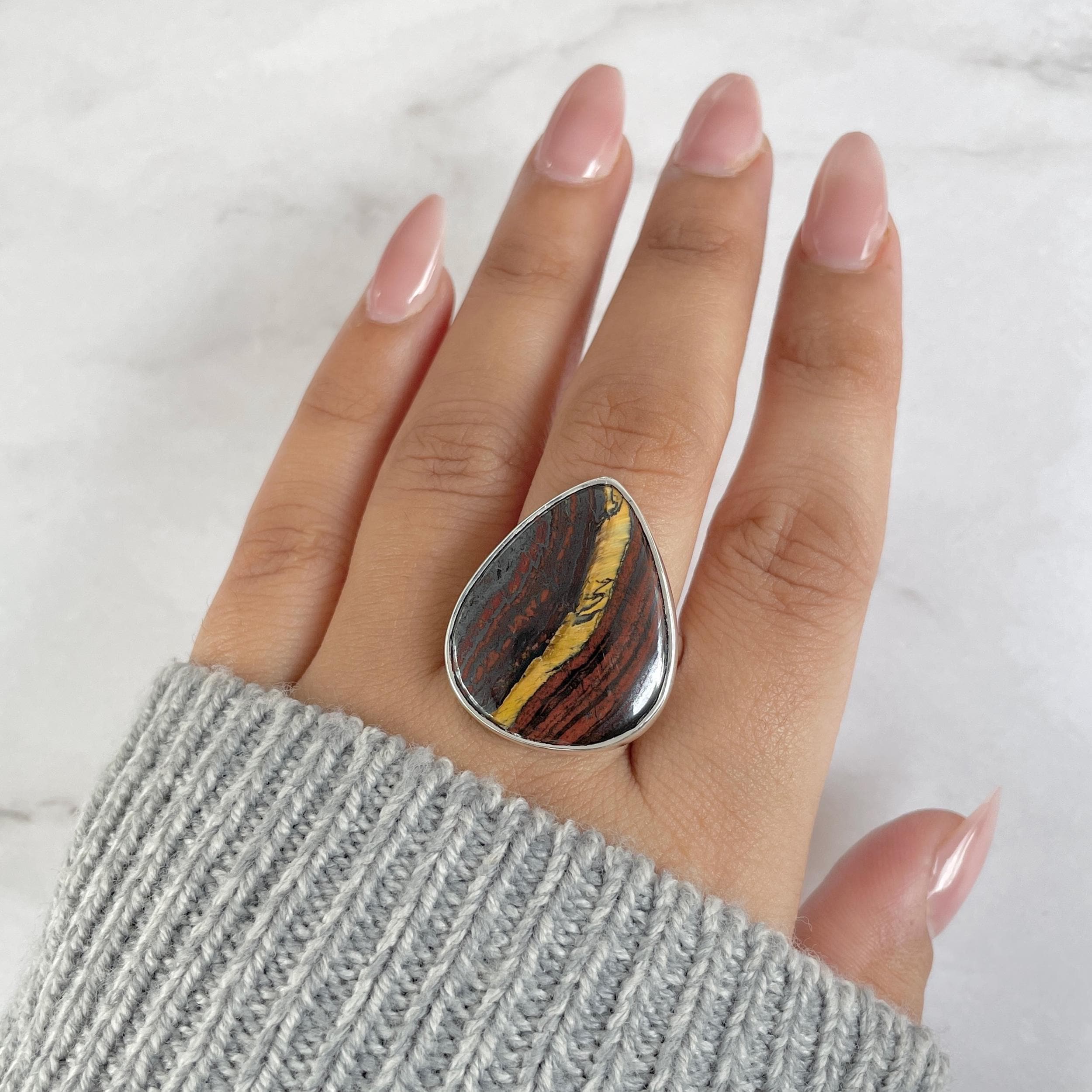 Iron Tiger Eye Adjustable Ring / 925 Sterling Silver / Healing Gemstone / Gifts For Her / Pear Cab / Iron Tiger Eye Statement Ring Ite-r-12.