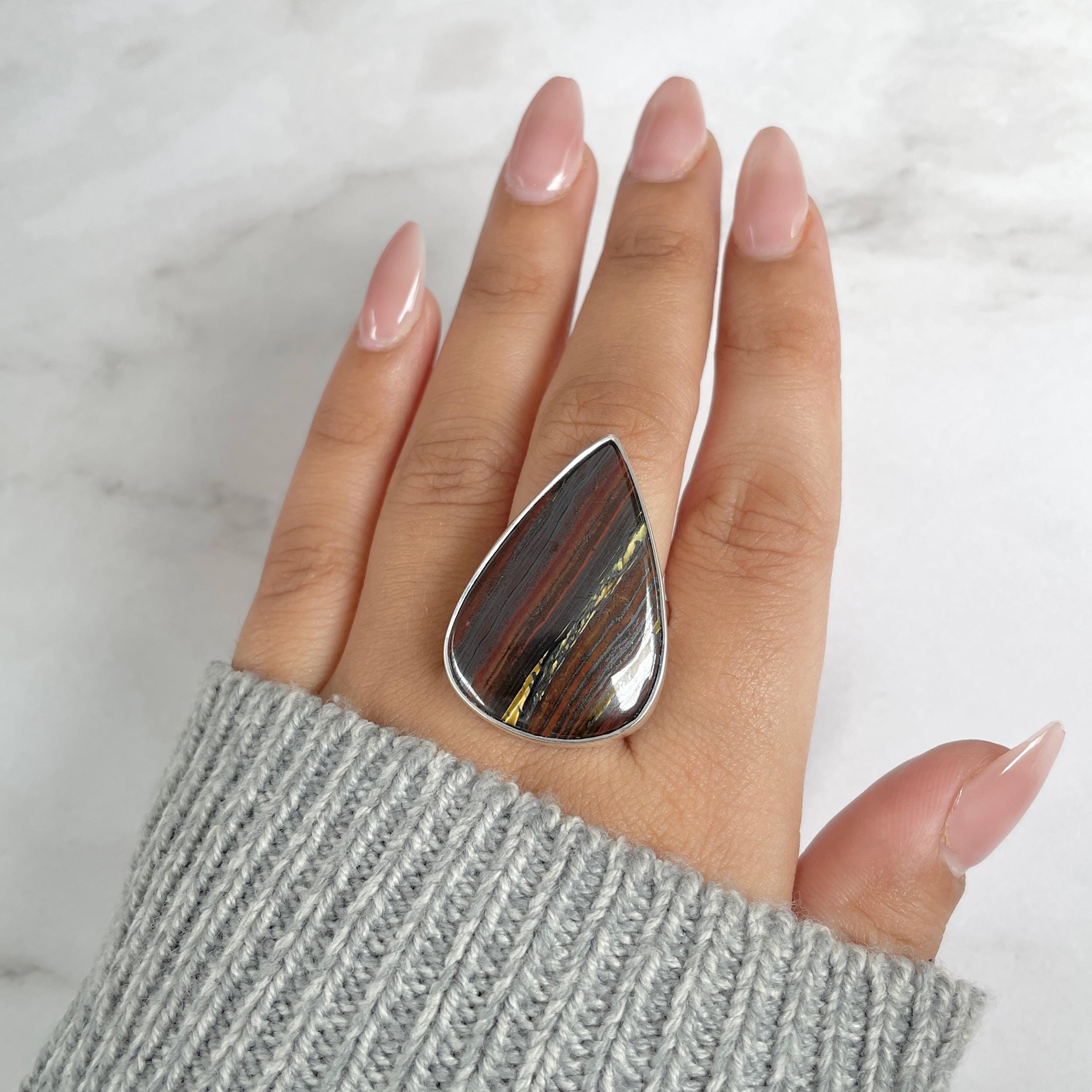 Iron Tiger Eye Adjustable Ring / 925 Sterling Silver / Healing Gemstone / Gifts For Her / Pear Cab / Iron Tiger Eye Statement Ring Ite-r-36.