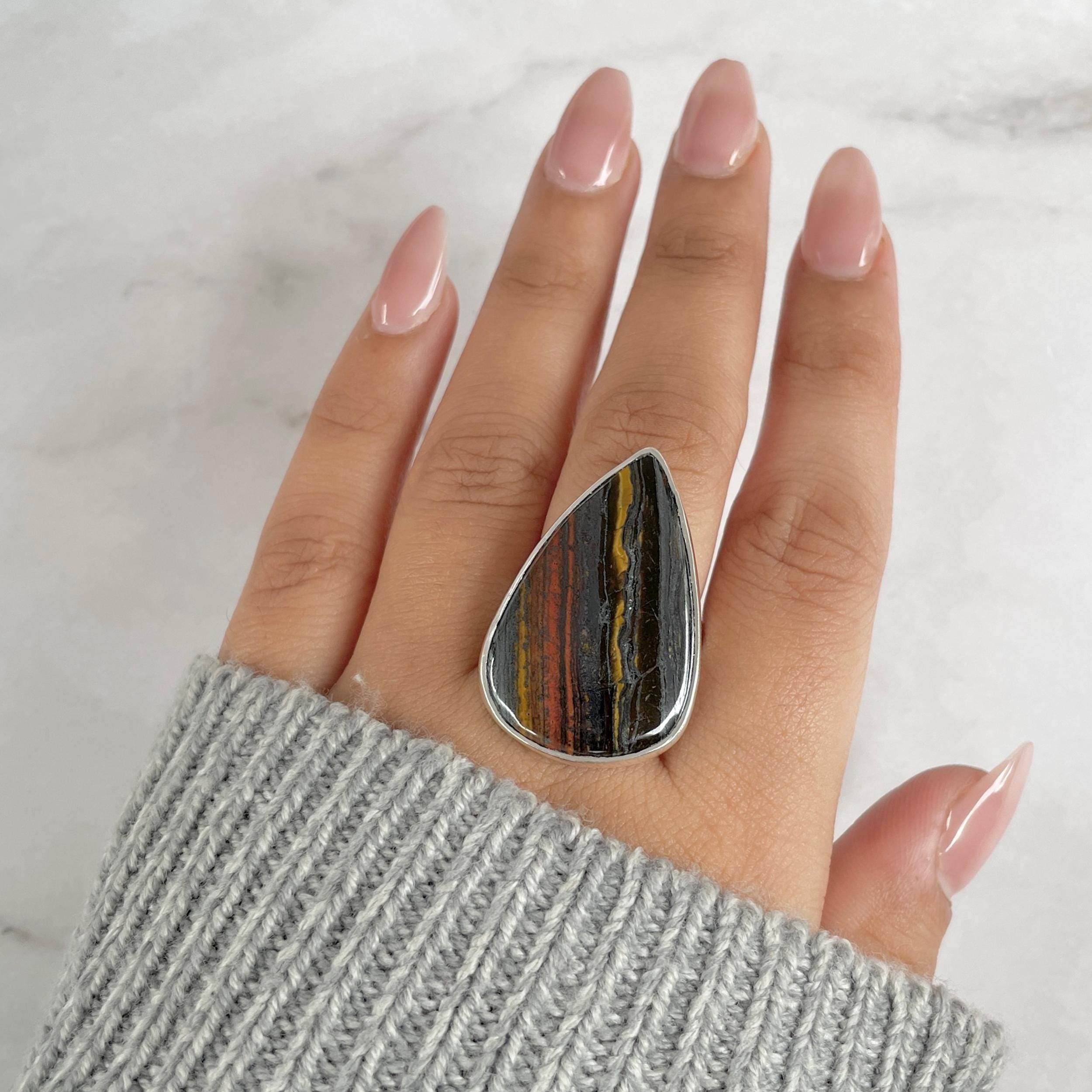Iron Tiger Eye Adjustable Ring / 925 Sterling Silver / Healing Gemstone / Gifts For Her / Pear Cab / Iron Tiger Eye Statement Ring Ite-r-29.