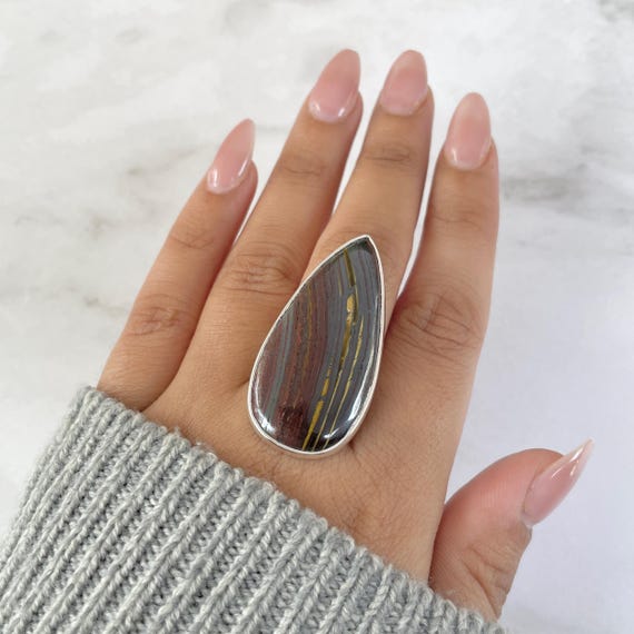 Iron Tiger Eye Adjustable Ring / 925 Sterling Silver / Healing Gemstone / Gift For Her / Pear Cab/ Iron Tiger Eye Statement Ring / Ite-r-23.