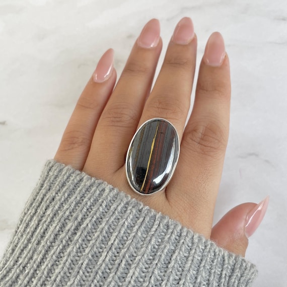 Iron Tiger Eye Adjustable Ring / 925 Sterling Silver / Healing Gemstone / Gift For Her / Oval Cab/ Iron Tiger Eye Statement Ring / Ite-r-11.