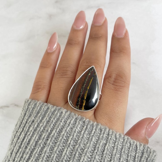Iron Tiger Eye Adjustable Ring / 925 Sterling Silver / Healing Gemstone / Gift For Her / Pear Cab/ Iron Tiger Eye Statement Ring / Ite-r-10.