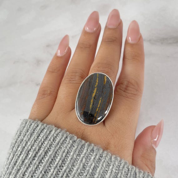 Iron Tiger Eye Adjustable Ring / 925 Sterling Silver / Healing Gemstone / Gift For Her / Oval Cab/ Iron Tiger Eye Statement Ring / Ite-r-17.