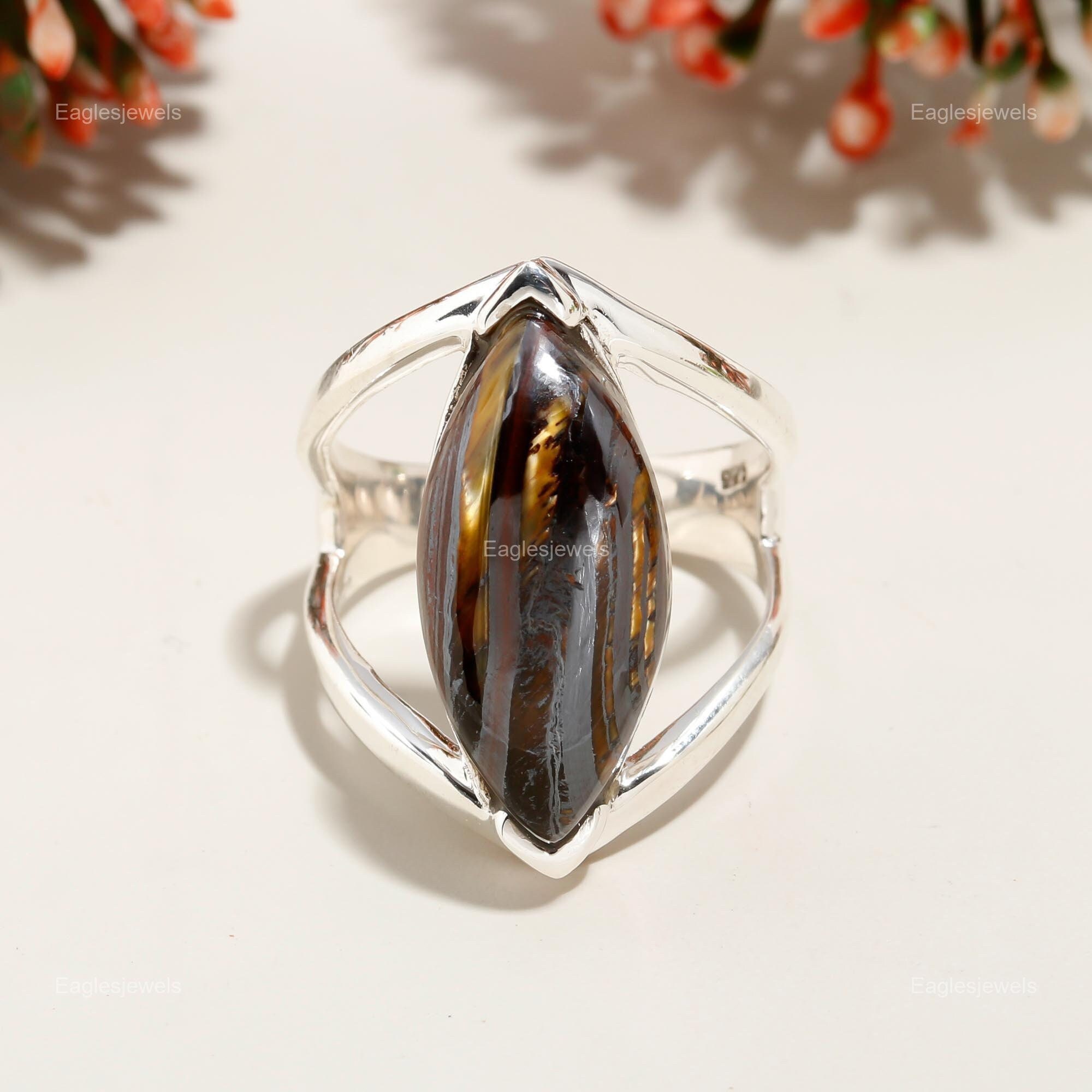 Iron Tiger Eye Ring: Black Gemstone, 925 Sterling Silver Iron Tiger Eye Ring: Black Gemstone, 925 Sterling Silver