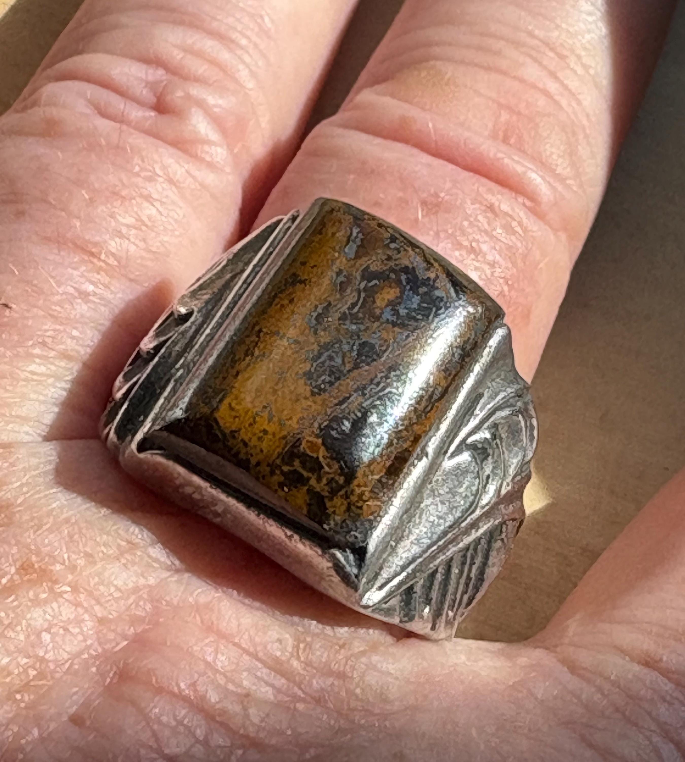 Impressive Tiger Iron Sterling Silver Signet Ring: Size 11