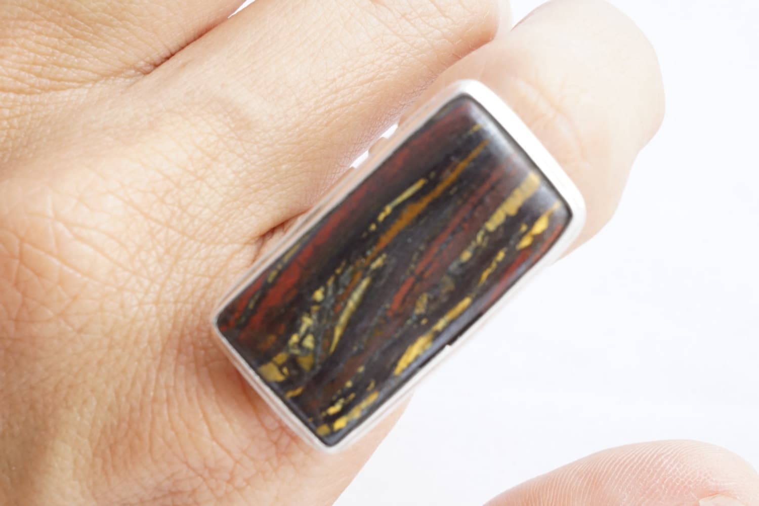 Large Tiger Iron Sterling Silver Ring: Boho Gemstone Statement Ring
