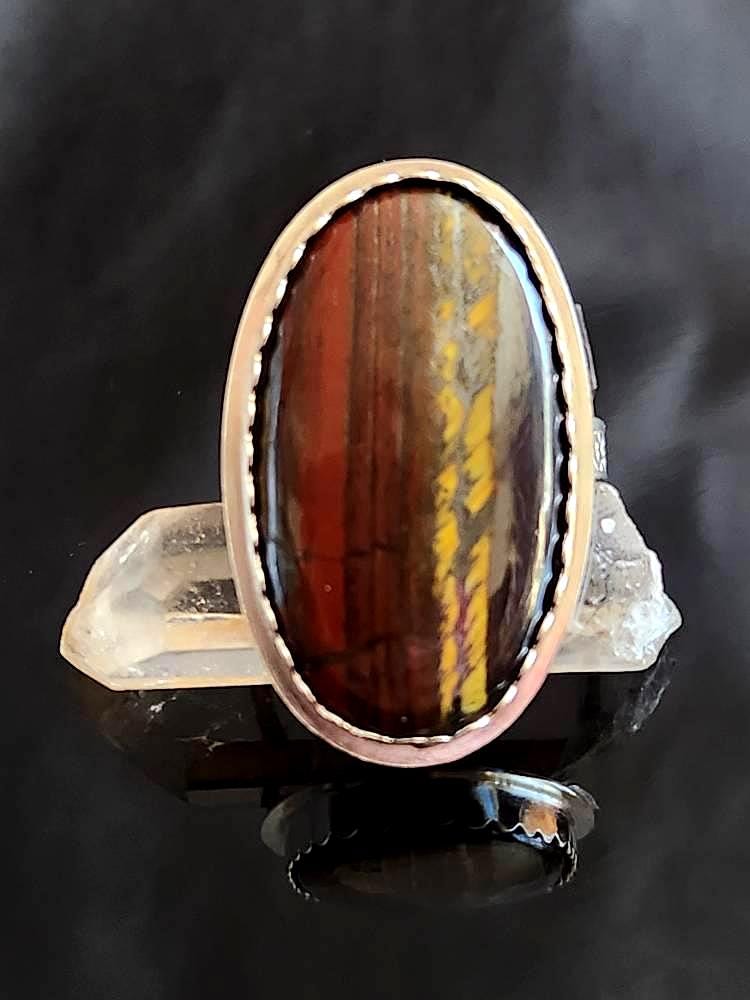 Tiger Iron Oval Cabochon Ring, Custom Sized, Sterling Silver Bezel Set, Handmade, Tiger Eye, Hematite, Jasper