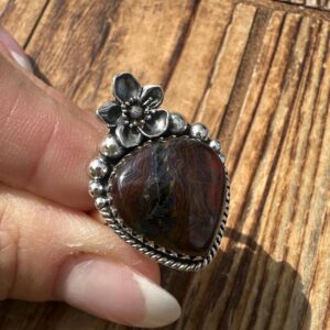 Tiger Iron Sterling Silver Ring, Size 9.75, OOAK Flower Ring, Teardrop Gem, Natural Gemstone Jewelry, Artisan Piece, Tigers Eye Chatoyant