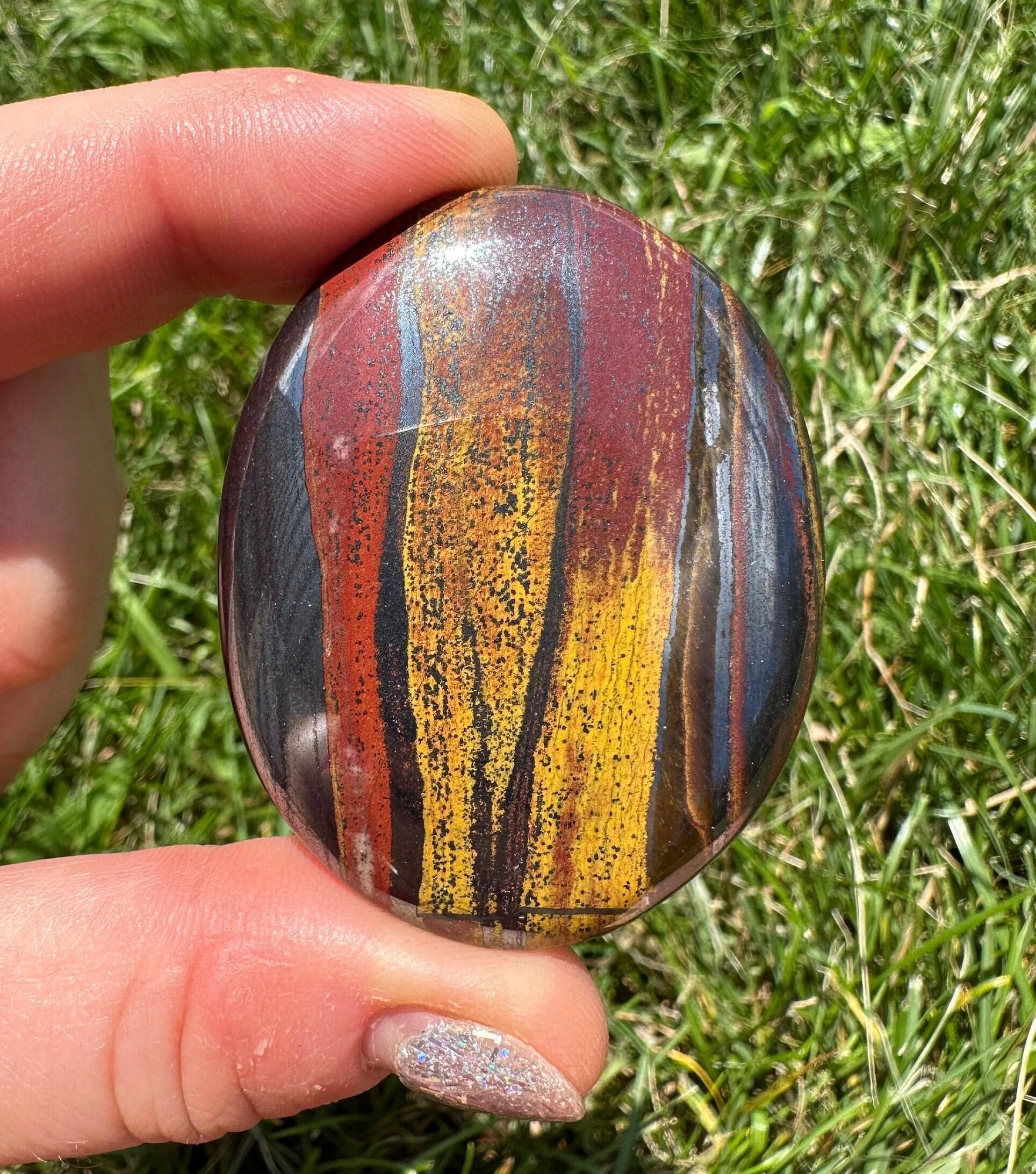 Mugglestone Palm Stone - Tiger Iron Palm Stone - Polished Mugglestone Crystal - Tigers Eye, Hematite, Red Jasper - Mugglestone Worry Stone
