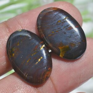 Oval Iron Tiger Eye Gemstone Pair, Golden-Brown Smooth Flatback Crystals, Polished Loose Stone Set