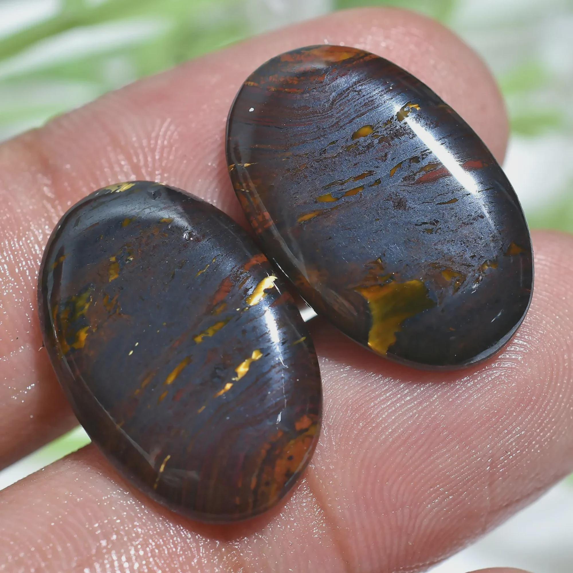 Oval Iron Tiger Eye Gemstone Pair, Golden-brown Smooth Flatback Crystals, Polished Loose Stone Set Oval Iron Tiger Eye Gemstone Pair, Golden-brown Smooth Flatback Crystals, Polished Loose Stone Set