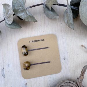 Tiger's Eye Stone Bobby Pins, Banded Stone Hair Pins, Natural Stone Hair Accessory, Golden Gemstone Hair Clip, Bronze Set of 2