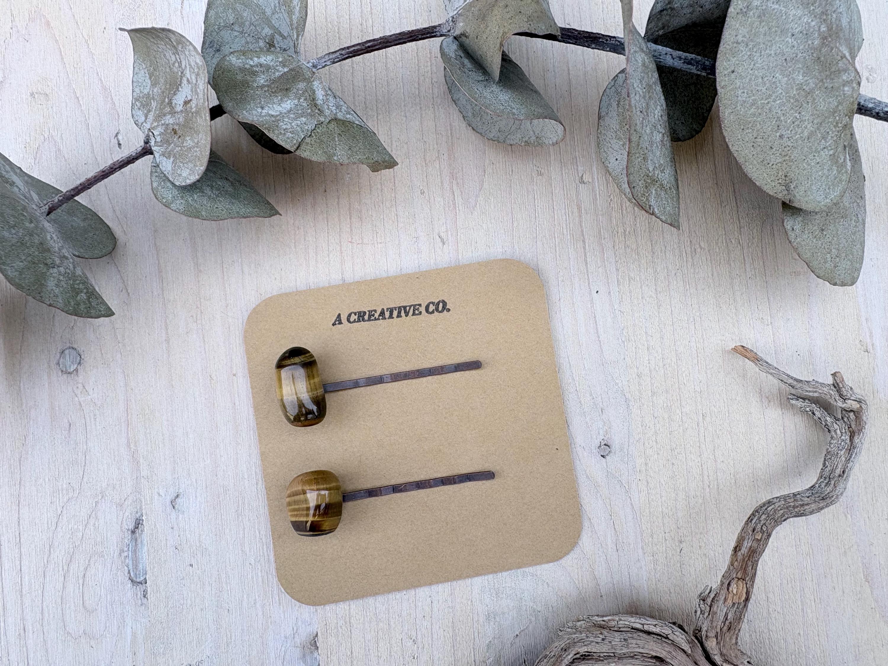 Tiger's Eye Stone Bobby Pins, Banded Stone Hair Pins, Natural Stone Hair Accessory, Golden Gemstone Hair Clip, Bronze Set Of 2 Tiger's Eye Stone Bobby Pins, Banded Stone Hair Pins, Natural Stone Hair Accessory, Golden Gemstone Hair Clip, Bronze Set Of 2