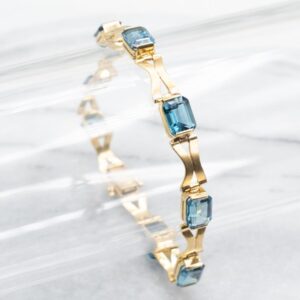 18K Gold London Blue Topaz Tennis Bracelet, Emerald Cut