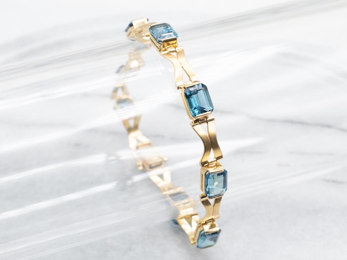 18k Gold London Blue Topaz Tennis Bracelet, Emerald Cut