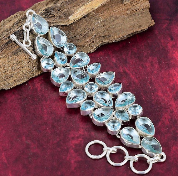 Blue Topaz Bracelet, 925 Solid Sterling Silver, Pear Gemstone Bracelet, December Birthstone Bracelet, Handmade Jewelry, Birthday Gift